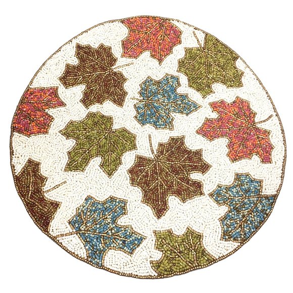 x2 Tahari Fall Maple Leaves Beaded Placemat Set Orange Blue Green Decor 14